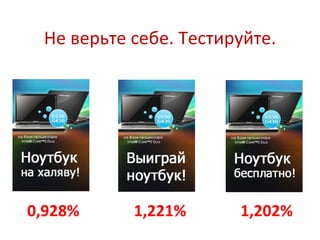 Не верьте себе. Тестируйте. 0, 9 28 % 1,221% 1,202% 