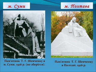 м. Суми
Пам’ятник Т. Г. ШевченкуПам’ятник Т. Г. Шевченку
в Полтаві. 1926 р.в Полтаві. 1926 р.
Пам’ятник Т. Г. Шевченку вПам’ятник Т. Г. Шевченку в
м. Суми. 1926 р. (не зберігся).м. Суми. 1926 р. (не зберігся).
м. Полтава
 
