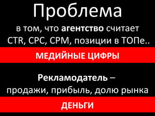 Проблема в том, что  агентство  считает CTR ,  CPC, CPM , позиции в ТОПе.. Рекламодатель  –  продажи, прибыль, долю р ынка МЕДИЙН ЫЕ  ЦИФР Ы ДЕНЬГИ 