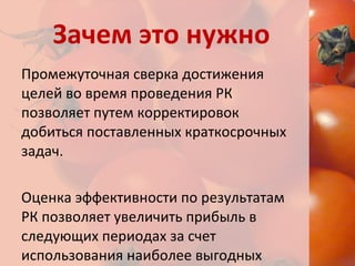 Зачем это нужно Промежуточная сверка достижения целей во время проведения РК позволяет путем корректировок добиться поставленных краткосрочных задач. Оценка эффективности по результатам РК позволяет увеличить прибыль в следующих периодах за счет использования наиболее выгодных каналов коммуникации. 