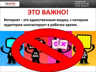 ЭТО ВАЖНО! Интернет - это единственным медиа, с которым аудитория контактирует в рабочее время. 