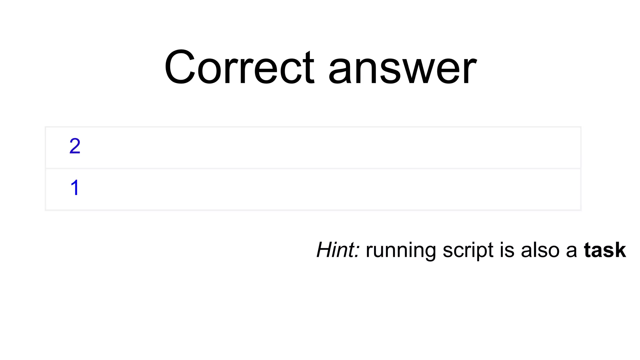 Correct answer
2
1
Hint: running script is also a task
 