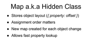 Map a.k.a Hidden Class
● Stores object layout ({ property: offset })
● Assignment order matters
● New map created for each object change
● Allows fast property lookup
 
