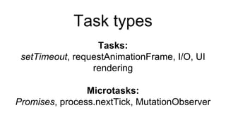 Task types
Tasks:
setTimeout, requestAnimationFrame, I/O, UI
rendering
Microtasks:
Promises, process.nextTick, MutationObserver
 