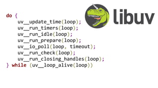 do {
uv__update_time(loop);
uv__run_timers(loop);
uv__run_idle(loop);
uv__run_prepare(loop);
uv__io_poll(loop, timeout);
uv__run_check(loop);
uv__run_closing_handles(loop);
} while (uv__loop_alive(loop))
 