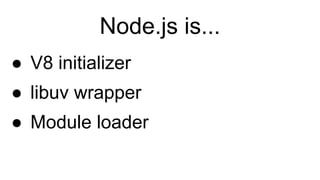 Node.js is...
● V8 initializer
● libuv wrapper
● Module loader
 