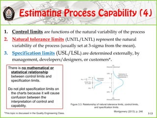 1. Control limits are functions of the natural variability of the process
2. Natural tolerance limits (UNTL/LNTL) represent the natural
variability of the process (usually set at 3-sigma from the mean).
3. Specification limits (USL/LSL) are determined externally, by
management, developers/designers, or customers*.
*This topic is discussed in the Quality Engineering Class.
There is no mathematical or
statistical relationship
between control limits and
specification limits.
Do not plot specification limits on
the charts because it will cause
confusion between the
interpretation of control and
capability. Figure 3.3. Relationship of natural tolerance limits, control limits,
and specification limits.
Montgomery (2013), p. 246
3-13
 