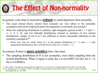 In general, x-bar chart is insensitive (robust) to small departures from normality.
• The usual normal theory control limit constants are very robust to the normality
assumption and can be employed unless the population is extremely non-normal.*
• When the underlying distribution is uniform, right triangular, gamma (with λ = 1 and r =
½, 1, 2, 3, 4), and two bimodal distributions formed as mixtures of two normal
distributions, sample of size 4 or 5 are sufficient to ensure reasonable robustness to the
normality assumption**
– Worst case were for small values of r in the gamma distribution [r = ½ and r = 1 (the
exponential distribution)]: the α will be 0.014 or less if n ≥ 4 with r = ½.
In contrast, R-chart is more sensitive than x-bar chart.
• The sampling distribution of R is not symmetric, even when sampling from the
normal distribution. When 3-sigma is used, the α is not 0.0027 (in fact, for n = 4,
the α is 0.00461).
*I. J. Burr (1967). “The effect of nonnormality on constants for x and R charts,” Industrial Quality Control, 23(11), pp. 563–569.
**E. G. Schilling and P. R. Nelson (1976), “The effect of nonnormality on the control limits of x charts,” Journal of Quality
Technology, 8(4), pp. 183–188. 3-33
 