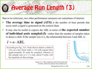 Due to its criticisms, two other performance measures are sometimes of interest:
• The average time to signal (ATS) is the number of time periods that
occur until a signal is generated on the control chart.
• It may also be useful to express the ARL in terms of the expected number
of individual units sampled (I)—rather than the number of samples taken
to detect a shift. If the sample size is n, the relationship between I and ARL is:
3-39
ARL nI
Figure 3.11. ARL (individual units) for the chart with
3σ limits, where the process mean shifts by kσ.
Montgomery (2013), p. 259
According to Fig. 3.11. Note that to detect a shift of
1.5σ, an x-bar chart with n = 16 will require that
approximately 16 units be sampled, whereas if
the sample size is n = 3, only about 9 units will
be required, on the average.
 