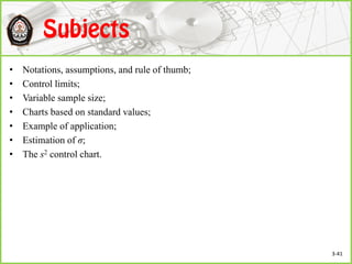 • Notations, assumptions, and rule of thumb;
• Control limits;
• Variable sample size;
• Charts based on standard values;
• Example of application;
• Estimation of σ;
• The s2 control chart.
3-41
 