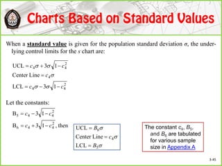 When a standard value is given for the population standard deviation σ, the under-
lying control limits for the s chart are:
Let the constants:
2
44
4
2
44
13LCL
LineCenter
13UCL
cc
c
cc









5
4
6
LCL
LineCenter
UCL
B
c
B


then,13B
13B
2
446
2
445
cc
cc


The constant c4, B5,
and B6 are tabulated
for various sample
size in Appendix A
3-45
 