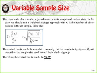 The x-bar and s charts can be adjusted to account for samples of various sizes. In this
case, we should use a weighted average approach with ni is the number of obser-
vations in the ith sample, those are:
The control limits would be calculated normally, but the constants A3, B3, and B4 will
depend on the sample size used in each individual subgroup.
Therefore, the control limits would be vary.





m
i
i
m
i
ii
n
xn
x
1
1
 
 
 



m
i
i
m
i
ii
mn
sn
s
1
1
2
1
3-48
 
