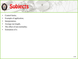 • Control limits;
• Example of application;
• Interpretation;
• Average run length;
• The effect of non-normality;
• Estimation of σ.
3-54
 