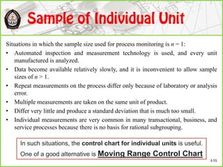 Situations in which the sample size used for process monitoring is n = 1:
• Automated inspection and measurement technology is used, and every unit
manufactured is analyzed.
• Data become available relatively slowly, and it is inconvenient to allow sample
sizes of n > 1.
• Repeat measurements on the process differ only because of laboratory or analysis
error.
• Multiple measurements are taken on the same unit of product.
• Differ very little and produce a standard deviation that is much too small.
• Individual measurements are very common in many transactional, business, and
service processes because there is no basis for rational subgrouping.
In such situations, the control chart for individual units is useful.
One of a good alternative is Moving Range Control Chart
3-55
 