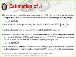 σ
The moving ranges could be used to estimate σ. If (it is called moving
of span-two) then the common estimator is based on the average moving range:
where 0.8865 is the reciprocal of d2 for samples of size 2 and
Another estimation of σ is based on Cryer and Ryan (1990):
However, both estimators result in biased estimates of σ when assignable causes
are present. Clifford (1959) and Bryce et al. (1997-1998) proposed estimator
which is based on the median of the moving ranges of span two:
where is the median of the span-two moving ranges, 1.047 is the reciprocal of
d4 for subgroups of size two defined such that is the median range.
3-63
MR8865.0ˆ1 
1MR  iii xx
.1MRMR
2
 

m
m
i
i
42ˆ cs
MMR047.1ˆ3 
  RdRE
~
and
~
4
MMR
*the values of d4 are shown in Wadsworth, H. M., K. S. Stephens, and A. B. Godfrey (2002),
Modern Methods for Quality Control and Improvement, 2nd Edition. Wiley, New York.
 