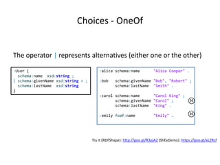 Choices - OneOf
The operator | represents alternatives (either one or the other)
:alice schema:name "Alice Cooper" .
:bob schema:givenName "Bob", "Robert" ;
schema:lastName "Smith" .
:carol schema:name "Carol King" ;
schema:givenName "Carol" ;
schema:lastName "King" .
:emily foaf:name "Emily" .
:User {
schema:name xsd:string ;
| schema:givenName xsd:string + ;
schema:lastName xsd:string
}
Try it (RDFShape): http://goo.gl/R3pjA2 (ShExDemo): https://goo.gl/xLZRLf


 