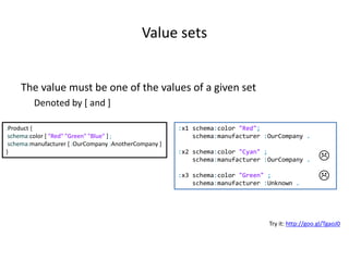 Value sets
The value must be one of the values of a given set
Denoted by [ and ]
:Product {
schema:color [ "Red" "Green" "Blue" ] ;
schema:manufacturer [ :OurCompany :AnotherCompany ]
}
:x1 schema:color "Red";
schema:manufacturer :OurCompany .
:x2 schema:color "Cyan" ;
schema:manufacturer :OurCompany .
:x3 schema:color "Green" ;
schema:manufacturer :Unknown .
Try it: http://goo.gl/TgaoJ0


 