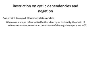 Restriction on cyclic dependencies and
negation
Constraint to avoid ill formed data models:
Whenever a shape refers to itself either directly or indirectly, the chain of
references cannot traverse an occurrence of the negation operation NOT.
 