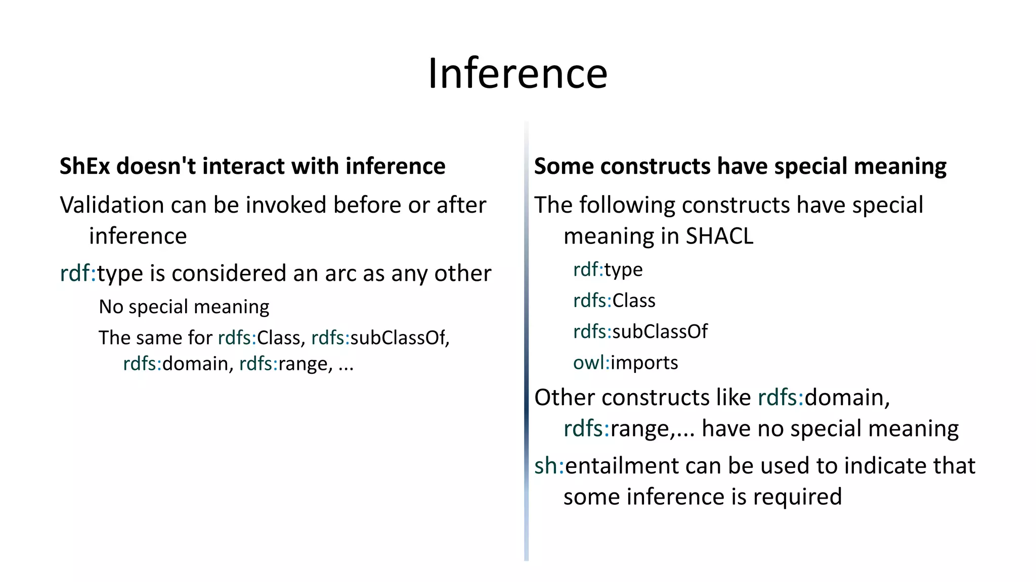 Inference
ShEx doesn't interact with inference
Validation can be invoked before or after
inference
rdf:type is considered an arc as any other
No special meaning
The same for rdfs:Class, rdfs:subClassOf,
rdfs:domain, rdfs:range, ...
Some constructs have special meaning
The following constructs have special
meaning in SHACL
rdf:type
rdfs:Class
rdfs:subClassOf
owl:imports
Other constructs like rdfs:domain,
rdfs:range,... have no special meaning
sh:entailment can be used to indicate that
some inference is required
 