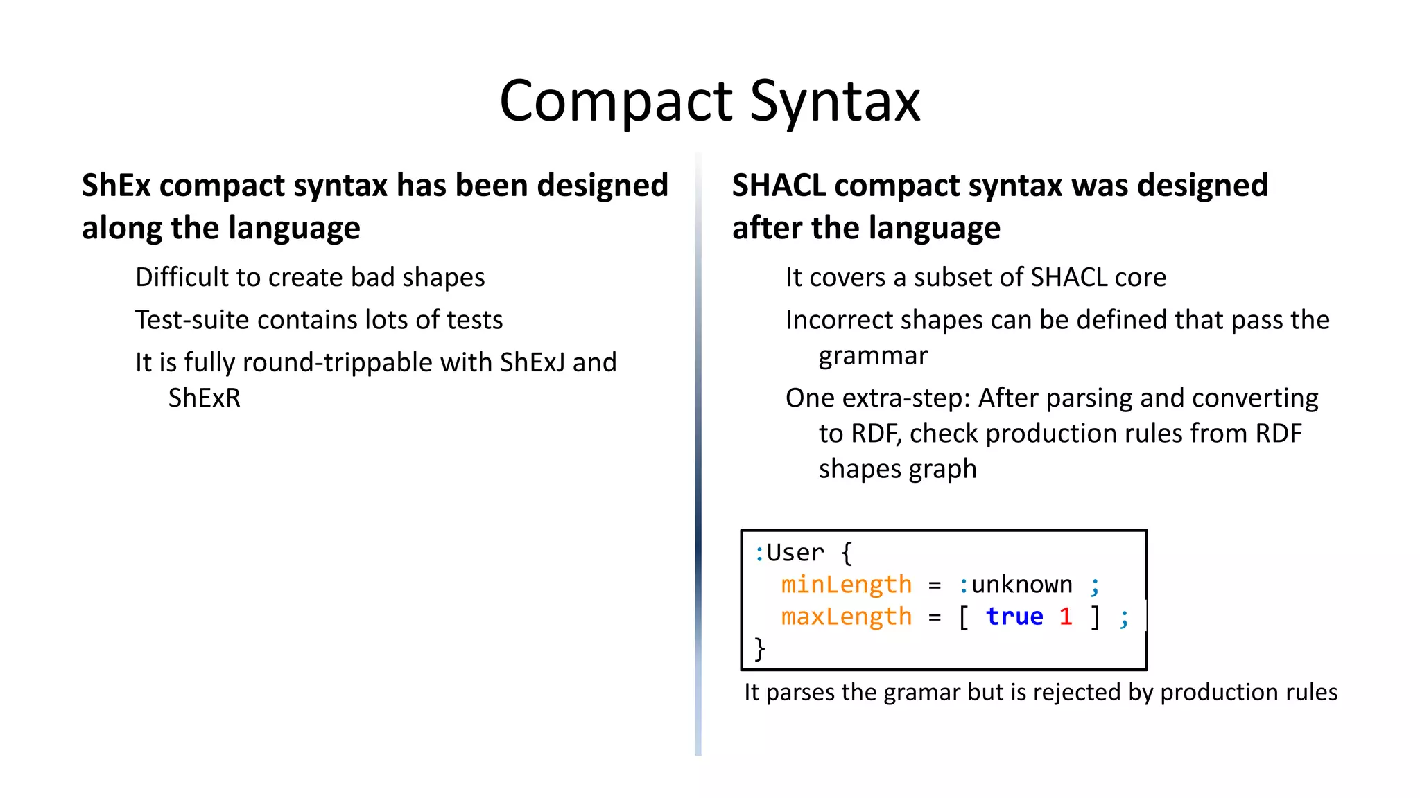 Compact Syntax
ShEx compact syntax has been designed
along the language
Difficult to create bad shapes
Test-suite contains lots of tests
It is fully round-trippable with ShExJ and
ShExR
SHACL compact syntax was designed
after the language
It covers a subset of SHACL core
Incorrect shapes can be defined that pass the
grammar
One extra-step: After parsing and converting
to RDF, check production rules from RDF
shapes graph
:User {
minLength = :unknown .
maxLength = [ true 1 ] .
}
It parses the gramar but is rejected by production rules
 
