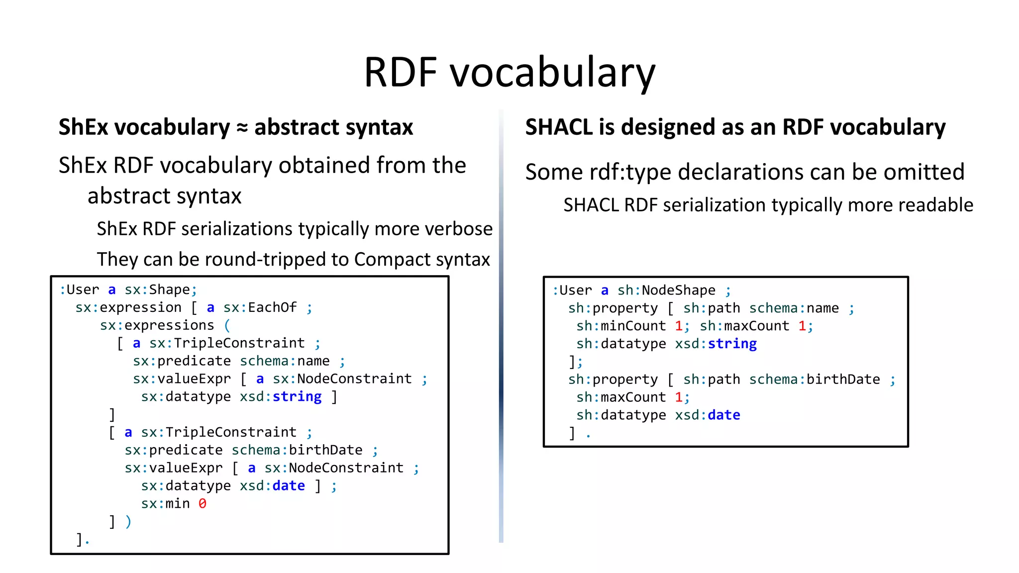 RDF vocabulary
ShEx vocabulary ≈ abstract syntax
ShEx RDF vocabulary obtained from the
abstract syntax
ShEx RDF serializations typically more verbose
They can be round-tripped to Compact syntax
SHACL is designed as an RDF vocabulary
Some rdf:type declarations can be omitted
SHACL RDF serialization typically more readable
:User a sx:Shape;
sx:expression [ a sx:EachOf ;
sx:expressions (
[ a sx:TripleConstraint ;
sx:predicate schema:name ;
sx:valueExpr [ a sx:NodeConstraint ;
sx:datatype xsd:string ]
]
[ a sx:TripleConstraint ;
sx:predicate schema:birthDate ;
sx:valueExpr [ a sx:NodeConstraint ;
sx:datatype xsd:date ] ;
sx:min 0
] )
].
:User a sh:NodeShape ;
sh:property [ sh:path schema:name ;
sh:minCount 1; sh:maxCount 1;
sh:datatype xsd:string
];
sh:property [ sh:path schema:birthDate ;
sh:maxCount 1;
sh:datatype xsd:date
] .
 