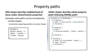 Property paths
ShEx shapes describe neighborhood of
focus nodes: direct/inverse properties
Examples with paths can be simu...