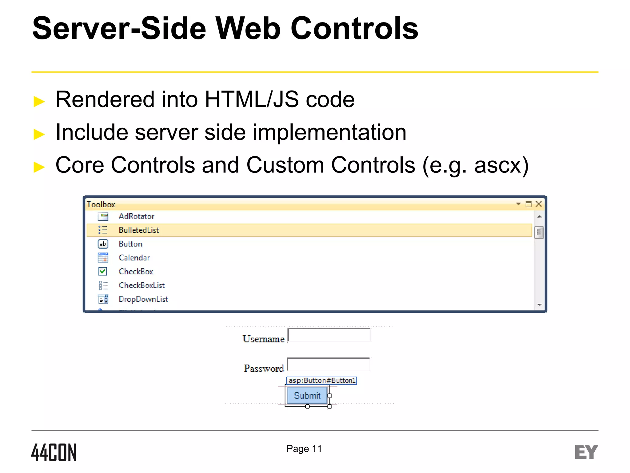 Server-Side Web Controls
►
►
►

Rendered into HTML/JS code
Include server side implementation
Core Controls and Custom Controls (e.g. ascx)

Page 11

 