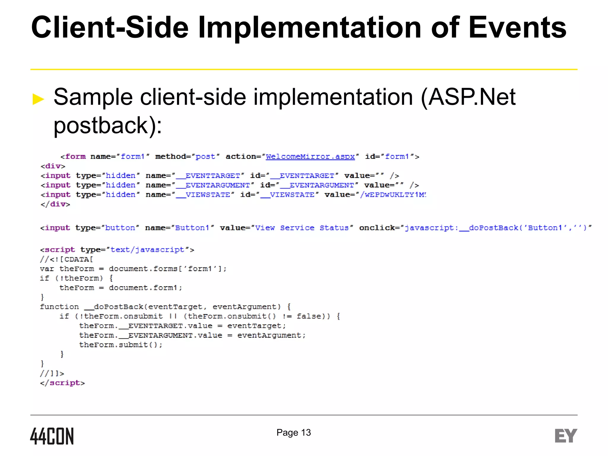 Client-Side Implementation of Events
►

Sample client-side implementation (ASP.Net
postback):

Page 13

 