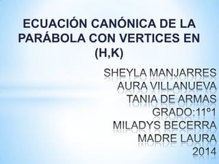 ECUACIÓN CANÓNICA DE LA
PARÁBOLA CON VERTICES EN
(H,K)
 