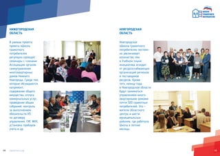 4544
НИЖЕГОРОДСКАЯ
ОБЛАСТЬ
В рамках проекта
проекта «Школа
грамотного
потребителя»
регулярно проходят
семинары с членами
Ассоциации органов
самоуправления
многоквартирных
домов Нижнего
Новгорода. Среди тем,
которые обсуждаются:
капремонт,
содержание общего
имущества, оплата
коммунальных услуг,
проведение общих
собраний, контроль
за выполнением
обязательств УО
по договору
управления, ГИС ЖКХ,
установка приборов
учета и др.
НОВГОРОДСКАЯ
ОБЛАСТЬ
Новгородская
«Школа грамотного
потребителя» постоян-
но увеличивает
количество тем
в Учебном плане:
инициатива исходит
от ресурсоснабжающих
организаций регионов
и поставщиков
ресурсов. Кроме
того, кконцу года
в Новгородской области
будут заниматься
управлением много-
квартирными домами
почти 300 грамотных
потребителей. Это —
жители областного
центра и шести
муниципальных
районов, где работала
Школа в летние
месяцы.
 