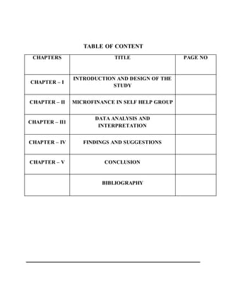 TABLE OF CONTENT
CHAPTERS TITLE PAGE NO
CHAPTER – I
INTRODUCTION AND DESIGN OF THE
STUDY
CHAPTER – II MICROFINANCE IN SELF HELP GROUP
CHAPTER – II1
DATA ANALYSIS AND
INTERPRETATION
CHAPTER – IV FINDINGS AND SUGGESTIONS
CHAPTER – V CONCLUSION
BIBLIOGRAPHY
 