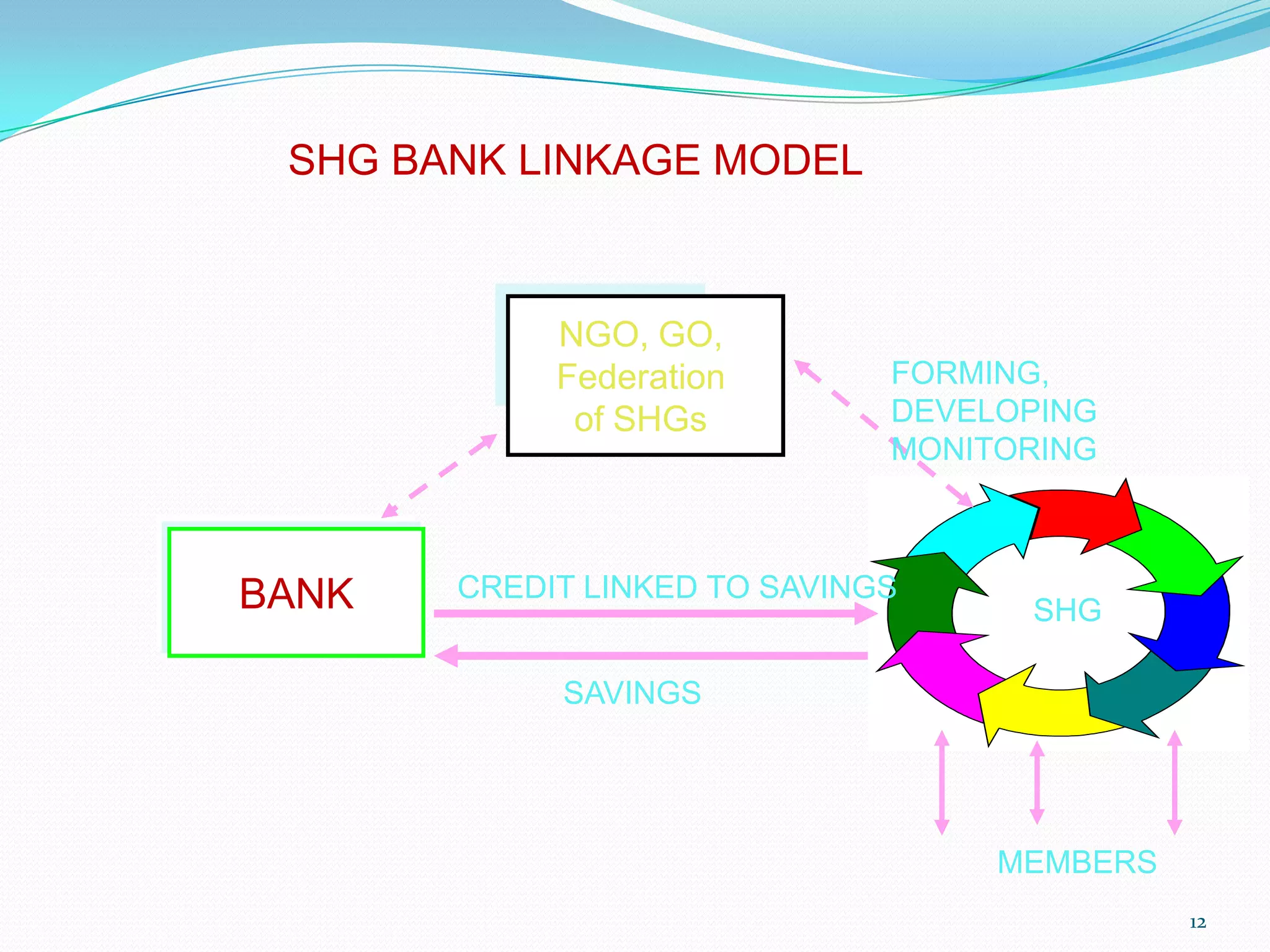 SHG BANK LINKAGE MODEL



            NGO, GO,
            Federation        FORMING,
             of SHGs          DEVELOPING
                              MONITORING



BANK   CREDIT LINKED TO SAVINGS
                                    SHG

            SAVINGS




                                   MEMBERS
                                             12
 