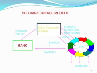 SHG BANK LINKAGE MODELS



           NGO, Federation    FORMING,
COMMON     of SHGs            PROMOTING,
CREDIT                        MONITORING
                             CREDIT

                  SAVINGS
 BANK             ?
                                        SHG

               SAVINGS ?




                                      MEMBERS
                                                13
 