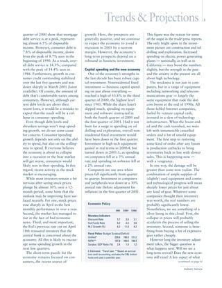 Trends & Projections                                                            3



quarter of 2000 show that mortgage       growth. Here, the prospects are                     This figure was the reason for some
debt service is at a peak, represent-    generally positive, and we continue                 of the angst in the trade press reports.
ing almost 6.5% of disposable            to expect the economy to avoid a                    The only bright spots in the invest-
income. However, consumer debt is        recession in 2001 by a narrow                       ment picture are construction and oil
7.8% of disposable income, down          margin. However, the economy’s                      drilling and exploration. Increased
from the peak of 8.7% seen in the        long-term prospects depend on a                     spending on electric power generating
beginning of 1990. As a result, over-    rebound in business investment.                     plants — nationally, as well as in
all debt service is 14.3%, compared                                                          California — may boost the numbers
with the peak of 14.4% seen in           Capital spending and the new economy                slightly, but the strength in the past
1986. Furthermore, growth in con-           One of the economy’s strengths in                and the anxiety in the present are all
sumer credit outstanding stabilized      the last decade has been robust capi-               about high technology.
over the last five quarters and was      tal investment. Nonresidential fixed                   The weakness is not just in com-
down sharply in March 2001 (latest       investment — business capital spend-                puters, but in a range of equipment
available). Of course, the amount of     ing on just about everything —                      including networking and telecom-
debt that’s comfortable varies among     reached a high of 13.8% in the third                munications gear — largely the
consumers. However, although cur-        quarter of 2000, the highest level                  same equipment that rode the dot-
rent debt levels are above their         since 1981. While the share hasn’t                  com boom at the end of 1990s. All
recent lows, it would be a mistake to    slipped much, spending on equip-                    those fabled Internet companies,
expect that the result will be a col-    ment and software contracted in                     fueled by venture capital cash,
lapse in consumer spending.              both the fourth quarter of 2000 and                 invested in a slew of technology
   Even though debt levels and           the first quarter of 2001. Had it not               infrastructure. When the boom end-
shrunken savings won’t stop spend-       been for a surge in spending on oil                 ed and the cash vanished, we were
ing growth, we do see some cause         drilling and exploration, overall non-              left with innumerable cancelled
for concern. Consumer spending           residential fixed investment would                  orders and a lot of unsold equip-
growth depends not only on the abil-     have been down in the first quarter.                ment. The first step to restoring
ity to spend, but also on the willing-   Investment in high-tech equipment                   some kind of order after any boom
ness to spend. If everyone believes      gained in real terms in 2000:4, but                 is production cutbacks to bring
the economy is about to collapse         turned down in 2001:1, as spending                  inventories back in line with slower
into a recession or the bear market      on computers fell at a 3% annual                    sales. This is happening now —
will get worse, consumers would          rate and spending on software fell at               with a vengeance.
likely rein in their spending. In this   a 2% annual rate.                                      In one way, the damage will be
regard, recent activity in the stock        Computers are one area where                     greater than some now realize. The
market is encouraging.                   prices fall significantly from quarter              combination of ample supplies of
   While most investors remain a bit     to quarter. Investment in computers                 (slightly) used equipment and contin-
nervous after seeing stock prices        and peripherals was down at a 30%                   ued technological progress will mean
plunge by almost 30% over a 12-          annual rate (before adjustment for                  sharply lower prices for just about
month period, some hints that the        inflation) in the first quarter of 2001.            any kind of gear. Whatever some
outlook may be improving have sur-                                                           companies thought their inventory
faced recently. For one, stock prices                                                        was worth, the real numbers are
rose sharply in April in the best          Economic Policy                                   probably significantly lower.
monthly performance in over a year.                                  2000   E2001    E2002   Nonetheless, we see something of a
Second, the market has managed to                                                            silver lining in this cloud. First, the
                                           Monetary Indicators
rise in the face of bad economic           Discount Rate              5.7      3.8     3.1   collapse in prices will probably
news. Third, and most important,           Fed Funds Rate             6.2      4.3     3.6   accelerate the process of selling the
the Fed’s previous rate cut on April       M-2 Growth (%)             6.2     11.9     8.2   inventory. Second, someone is bene-
18th reassured investors that the                                                            fiting from buying a lot of expensive
                                           Fiscal Policy: Budget Surplus/(Deficit)
central bank is concerned about the        Unified*                236.6 198.9 131.2
                                                                                             gear rather cheaply.
economy. All this is likely to encour-     NIPA**                  187.8 189.0 198.3            However long the inventory adjust-
age some spending growth in the            Surplus: GDP Ratio (%)     2.4     1.9  1.2       ment takes, the bigger question is
next few quarters.                                                                           what happens next. Will we see a
                                           E-Estimated. *Fiscal year. **Based on accrual
   The short-term puzzle for the           (not cash) accounting; excludes the S&L bailout
                                                                                             long-term revival? Does the new econ-
economy remains focused on con-            funds and uses a calendar year.                   omy still exist? A key aspect of what
sumers, the recent source of                                                                                       (continued on page 6)

                                                                                                                        Industry Surveys
 