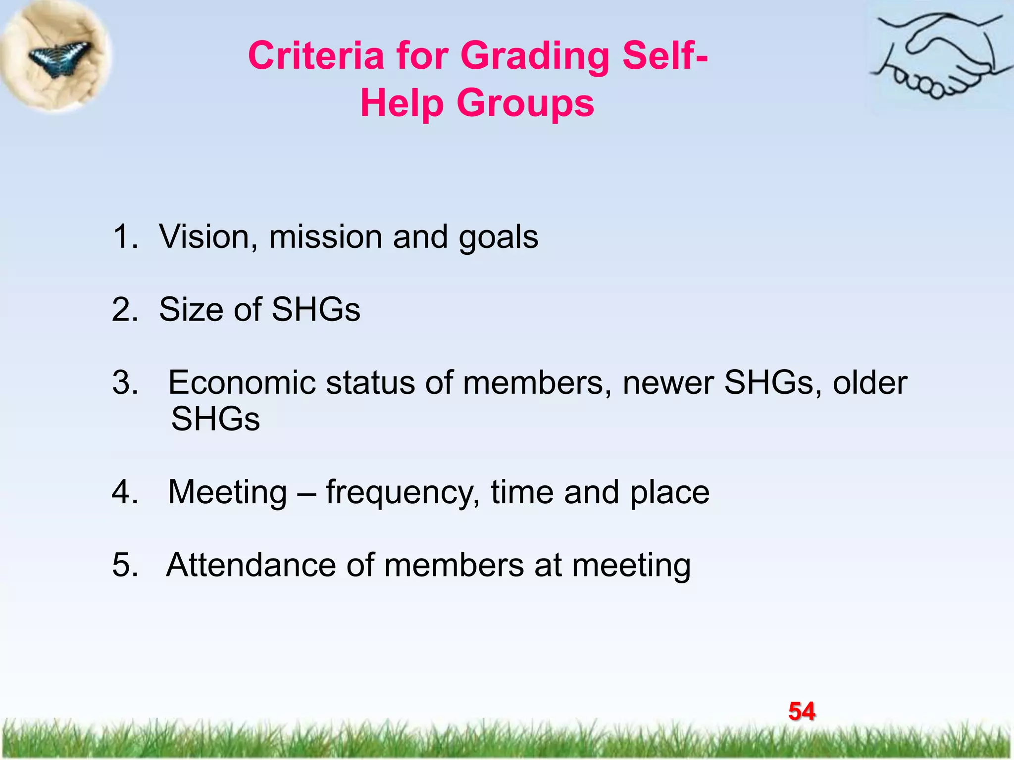 54
Criteria for Grading Self-
Help Groups
1. Vision, mission and goals
2. Size of SHGs
3. Economic status of members, newer SHGs, older
SHGs
4. Meeting – frequency, time and place
5. Attendance of members at meeting
 