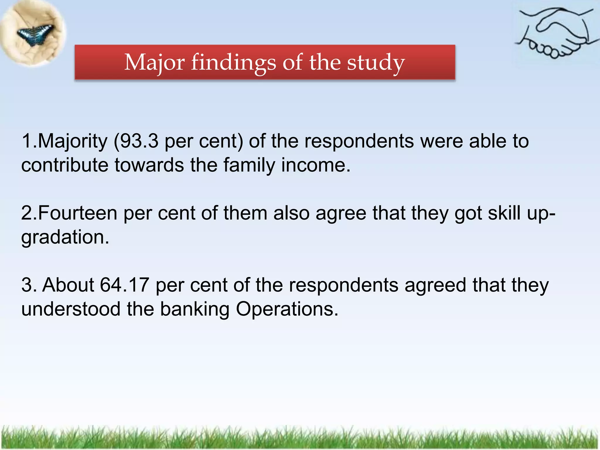 Major findings of the study
1.Majority (93.3 per cent) of the respondents were able to
contribute towards the family income.
2.Fourteen per cent of them also agree that they got skill up-
gradation.
3. About 64.17 per cent of the respondents agreed that they
understood the banking Operations.
 