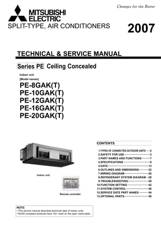 TECHNICAL & SERVICE MANUAL
CONTENTS
1.TYPES OF CONNECTED OUTDOOR UNITS ·····2
2.SAFETY FOR USE··································3
3.PART NAMES AND FUNCTIONS···········7
4.SPECIFICATIONS ···································9
5.DATA······················································13
6.OUTLINES AND DIMENSIONS·············22
7.WIRING DIAGRAM································26
8.REFRIGERANT SYSTEM DIAGRAM ···28
9.TROUBLESHOOTING···························29
10.FUNCTION SETTING ····························42
11.SYSTEM CONTROL······························46
12.SERVICE DATE PART NANES·············54
13.OPTIONAL PARTS································58
Indoor unit
[Model names]
PE-8GAK(T)
PE-10GAK(T)
PE-12GAK(T)
PE-16GAK(T)
PE-20GAK(T)
Indoor unit
Ceiling ConcealedSeries PE
Remote controller
NOTE:
• This service manual describes technical data of indoor units.
• RoHS compliant products have <G> mark on the spec name plate.
SPLIT-TYPE, AIR CONDITIONERS
2007
 