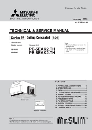 TECHNICAL & SERVICE MANUAL
SPLIT-TYPE, AIR CONDITIONERS
CONTENTS
1. PART NAMES AND FUNCTIONS··········2
2. SPECIFICATIONS ··································4
3. DATA ·······················································6
4. OUTLINES AND DIMENSIONS ···········12
5. WIRING DIAGRAM ·······························14
6. REFRIGERANT SYSTEM DIAGRAM ········15
7. TROUBLESHOOTING ··························18
8. FUNCTION SETTING ···························29
9. SYSTEM CONTROL·····························35
10. SERVICE DATA (PARTS NAME)··········49
11. OPTIONAL PARTS·······························51
<Indoor unit>
[Model names] [Service Ref.]
PE-5EAK2
PE-5EAK2.TH
PE-6EAK2
PE-6EAK2.TH
No. HWE08100
Indoor unit
Ceiling ConcealedSeries PE
ON/OFFTEMP.
Remote controller
January 2009
Note:
• This manual does not cover the
outdoor units.
• RoHS compliant products have
<G> mark on the spec name
plate.
NOTE:
• This service manual describes technical data of indoor units.
• RoHS compliant products have <G> mark on the spec name plate.
 