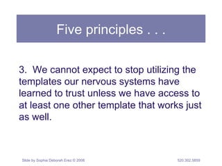Five principles . . . 
3. We cannot expect to stop utilizing the 
templates our nervous systems have 
learned to trust unless we have access to 
at least one other template that works just 
as well. 
Slide by Sophia Deborah Erez © 2008 520.302.5859 
 
