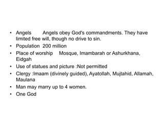 • Angels Angels obey God's commandments. They have
limited free will, though no drive to sin.
• Population 200 million
• Place of worship Mosque, Imambarah or Ashurkhana,
Eidgah
• Use of statues and picture :Not permitted
• Clergy :Imaam (divinely guided), Ayatollah, Mujtahid, Allamah,
Maulana
• Man may marry up to 4 women.
• One God
 