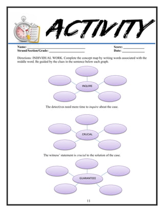 Name: ____________________________________ Score: _____________
Strand/Section/Grade: ______________________ Date: ______________
Directions: INDIVIDUAL WORK. Complete the concept map by writing words associated with the
middle word. Be guided by the clues in the sentence below each graph.
The detectives need more time to inquire about the case.
The witness‘ statement is crucial to the solution of the case.
INQUIRE
CRUCIAL
GUARANTEEE
11
 
