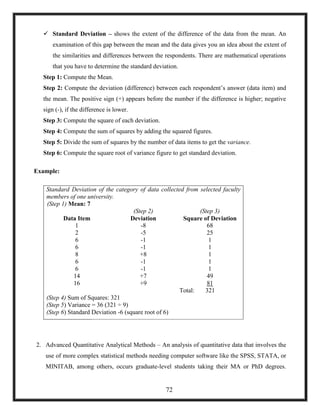  Standard Deviation – shows the extent of the difference of the data from the mean. An
examination of this gap between the mean and the data gives you an idea about the extent of
the similarities and differences between the respondents. There are mathematical operations
that you have to determine the standard deviation.
Step 1: Compute the Mean.
Step 2: Compute the deviation (difference) between each respondent‘s answer (data item) and
the mean. The positive sign (+) appears before the number if the difference is higher; negative
sign (-), if the difference is lower.
Step 3: Compute the square of each deviation.
Step 4: Compute the sum of squares by adding the squared figures.
Step 5: Divide the sum of squares by the number of data items to get the variance.
Step 6: Compute the square root of variance figure to get standard deviation.
Example:
Standard Deviation of the category of data collected from selected faculty
members of one university.
(Step 1) Mean: 7
(Step 2) (Step 3)
Data Item Deviation Square of Deviation
1 -8 68
2 -5 25
6 -1 1
6 -1 1
8 +8 1
6 -1 1
6 -1 1
14 +7 49
16 +9 81
Total: 321
(Step 4) Sum of Squares: 321
(Step 5) Variance = 36 (321 ÷ 9)
(Step 6) Standard Deviation -6 (square root of 6)
2. Advanced Quantitative Analytical Methods – An analysis of quantitative data that involves the
use of more complex statistical methods needing computer software like the SPSS, STATA, or
MINITAB, among others, occurs graduate-level students taking their MA or PhD degrees.
72
 