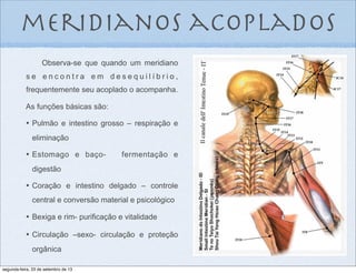 meridianos acoplados
Observa-se que quando um meridiano
s e e n c o n t r a e m d e s e q u i l í b r i o ,
frequentemente seu acoplado o acompanha.
As funções básicas são:
•	

 Pulmão e intestino grosso – respiração e
eliminação
•	

 Estomago e baço- fermentação e
digestão
•	

 Coração e intestino delgado – controle
central e conversão material e psicológico
•	

 Bexiga e rim- purificação e vitalidade
•	

 Circulação –sexo- circulação e proteção
orgânica
segunda-feira, 23 de setembro de 13
 