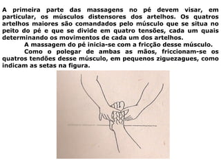 A primeira parte das massagens no pé devem visar, em
particular, os músculos distensores dos artelhos. Os quatros
artelhos maiores são comandados pelo músculo que se situa no
peito do pé e que se divide em quatro tensões, cada um quais
determinando os movimentos de cada um dos artelhos.
A massagem do pé inicia-se com a fricção desse músculo.
Como o polegar de ambas as mãos, friccionam-se os
quatros tendões desse músculo, em pequenos ziguezagues, como
indicam as setas na figura.
 