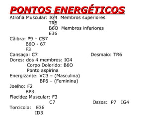 PONTOS ENERGÉTICOSPONTOS ENERGÉTICOS
Atrofia Muscular: IG4 Membros superiores
TR5
B6O Membros inferiores
E36
Cãibra: P9 – CS7
B6O - 67
F3
Cansaço: C7 Desmaio: TR6
Dores: dos 4 membros: IG4
Corpo Dolorido: B6O
Ponto aspirina
Energizante: VC3 – (Masculina)
BP6 – (Feminina)
Joelho: F2
BP3
Flacidez Muscular: F3
C7 Ossos: P7 IG4
Torcicolo: E36
ID3
 