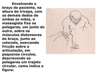 Envolvendo o
braço do paciente, na
altura do tríceps, com
os demais dedos de
ambas as mãos, o
massagista fixa os
polegares, um junto do
outro, sobre os
músculos distensores
do braço, junto ao
cotovelo, exercendo
fricção sobre a
articulação, em
pequenos círculos,
descrevendo os
polegares um trajeto
circular, como indica a
figura.
 