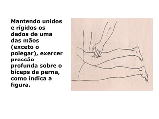 Mantendo unidos
e rígidos os
dedos de uma
das mãos
(exceto o
polegar), exercer
pressão
profunda sobre o
bíceps da perna,
como indica a
figura.
 