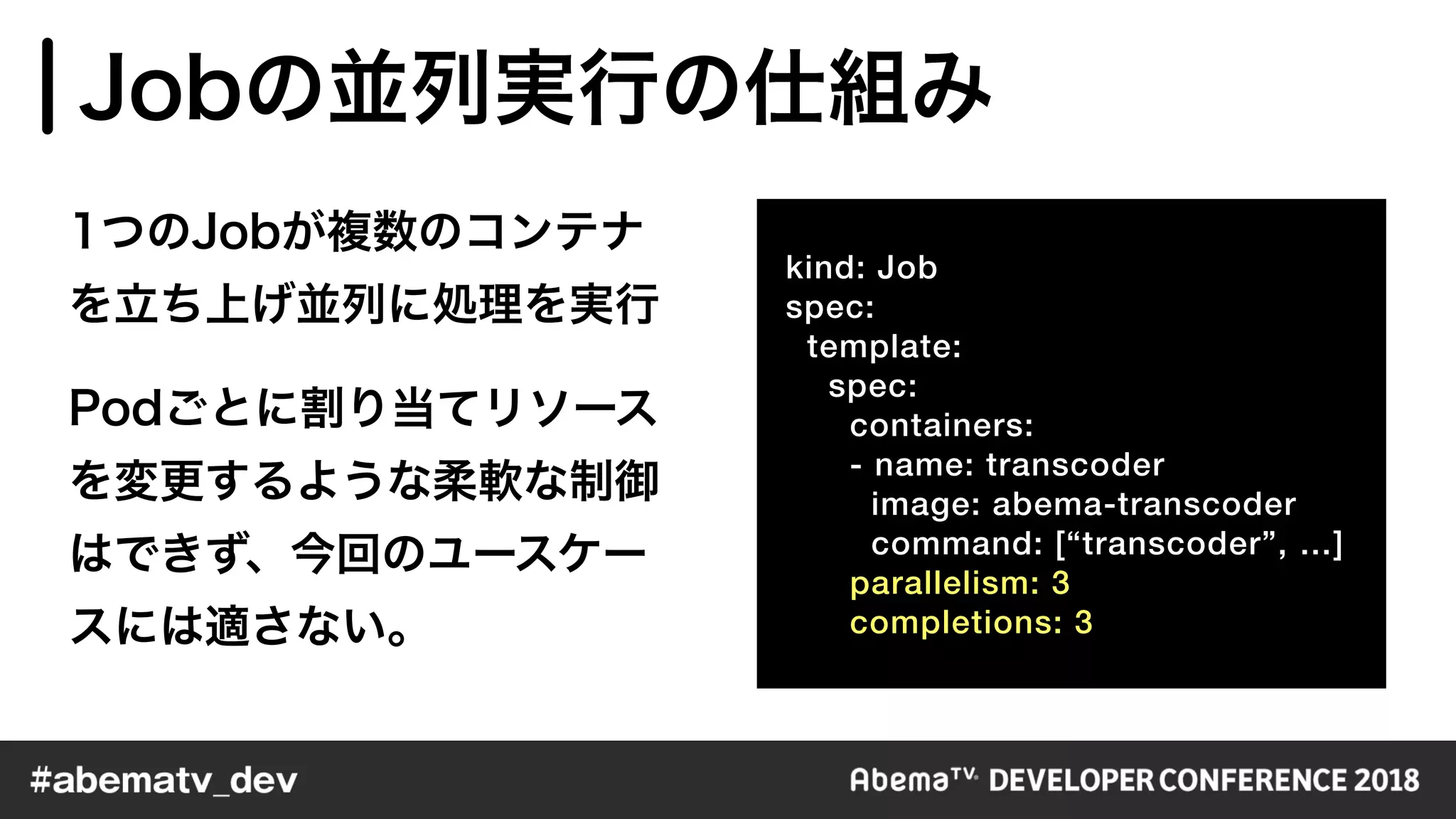 kind: Job
spec:
template:
spec:
containers:
- name: transcoder
image: abema-transcoder
command: [“transcoder”, …]
parallelism: 3
completions: 3
 