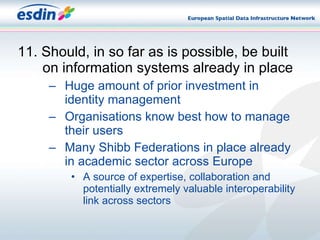 11. Should, in so far as is possible, be built on information systems already in place Huge amount of prior investment in identity management Organisations know best how to manage their users Many Shibb Federations in place already in academic sector across Europe A source of expertise, collaboration and potentially extremely valuable interoperability link across sectors 