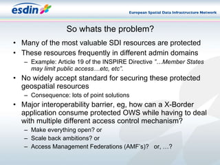 So whats the problem? Many of the most valuable SDI resources are protected These resources frequently in different admin domains Example: Article 19 of the INSPIRE Directive  ”…Member States may limit public access…etc, etc”. No widely accept standard for securing these protected geospatial resources Consequence: lots of point solutions Major interoperability barrier, eg, how can a X-Border application consume protected OWS while having to deal with multiple different access control mechanism? Make everything open? or Scale back ambitions? or Access Management Federations (AMF’s)?  or, …? 
